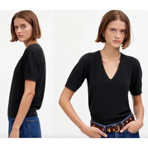 Madewell | NWT | Cashmere V-Neck Puff-Sleeve Sweater Tee in Black | Sz XXS